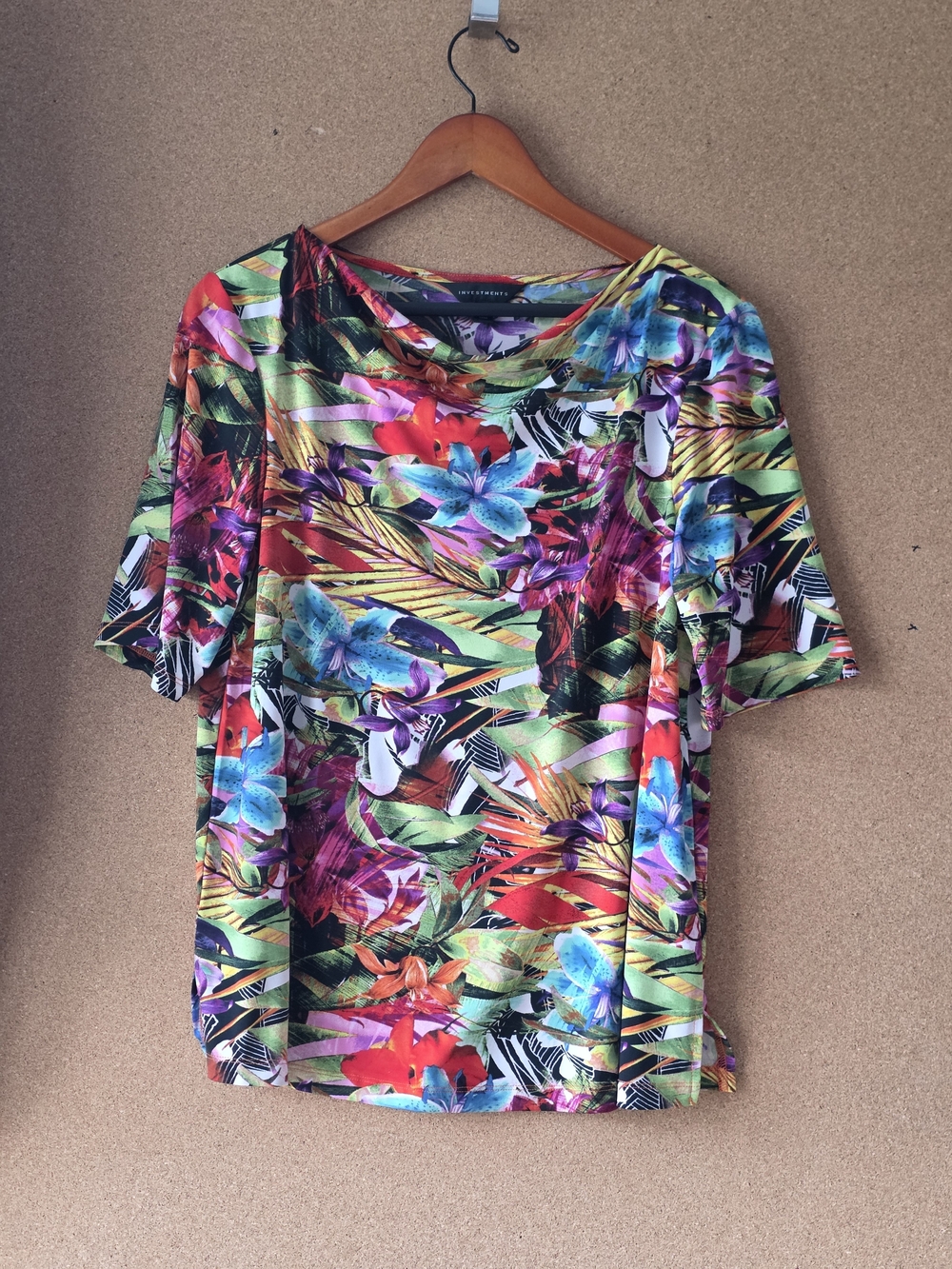 Investments Tropical Floral Cowl Neck Blouse Top Lg Multi-Color Short Sleeve